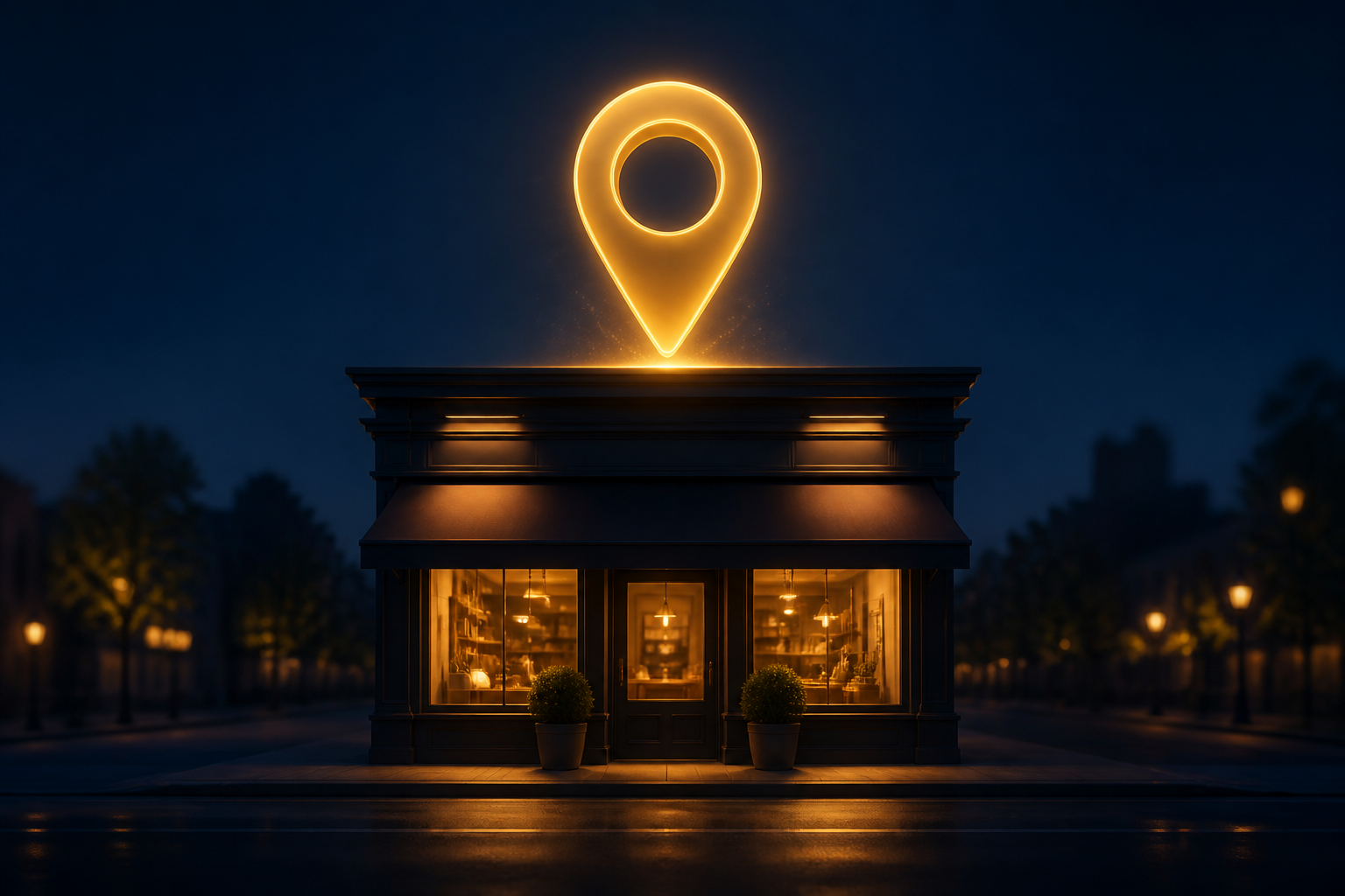 A glowing location pin over a stylized local storefront at dusk
