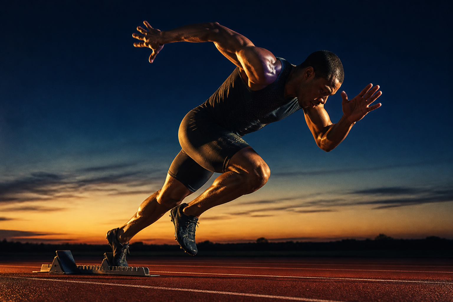 A lone sprinter exploding off the blocks on a dawn track