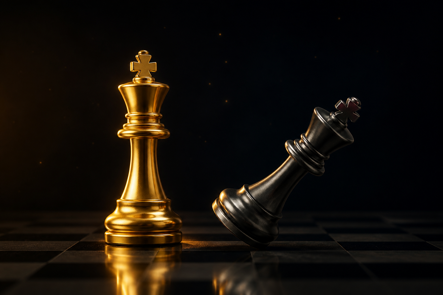 A gold chess king toppling a dark king in checkmate on a dark board